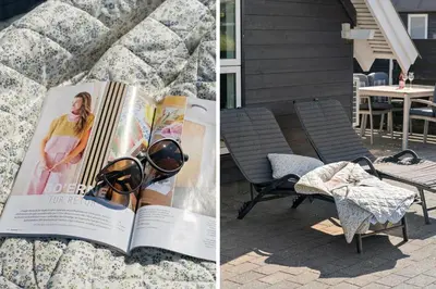 a book sitting on a patio with a chair and a table at 226-Harboore-Nautilusvej-5 in Harboør