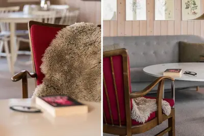 two pictures of a living room with a table and a chair at 218-Harboore-Dalevej-6-a in Harboør