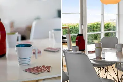 two pictures of a table with a chair and a table with cups at G119-Lemvig-Klovervej-19 in Lemvig