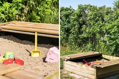 two pictures of a wooden sandbox in a garden at G119-Lemvig-Klovervej-19 in Lemvig