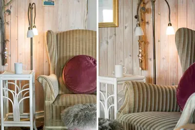 two pictures of a living room with a chair and a table at 134-Harboore-Karolinevej-8 in Harboør