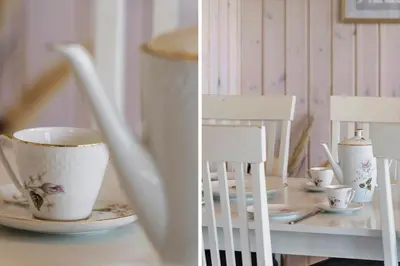 two pictures of a table with a cup and saucers at 227-Harboore-Bjergehusvej-4 in Harboør