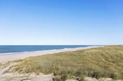 a beach with grass and the ocean in the background at 377-Harboore-Fourmivej-56 in Harboør