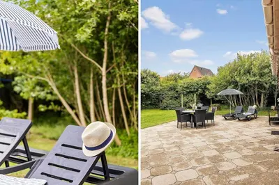 two pictures of a patio with chairs and an umbrella at 727-Thyboron-Magevej-10 in Thyborøn