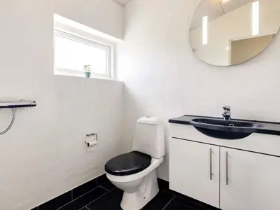 a bathroom with a toilet and a sink and a mirror at Tranquil Retreat in Nature s Embrace-By Traum in Brovst