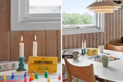 two pictures of a table with candles on it at 813-Harboore-Neerlandiavej-136 in Harboør