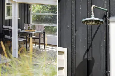 two pictures of a patio with a table and chairs at BL1113-Saltum-Revlingevej-26 in Saltum