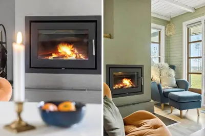 two pictures of a living room with a fireplace at LF14163-Roslev-Kybehuse-3 in Roslev