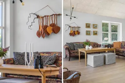 two images of a living room with a table and chairs at LF13174-Nykobing-mors-Feggesundvej-70 in Nykøbing Mors