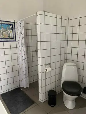 a bathroom with a toilet with a black seat at Købmandsgården i Blære in Års