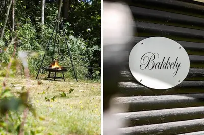 a sign that says ballarity hanging on a bench with a fire at LF0027-Thyholm-Sondbjerg-Strandvej-27 in Thyholm