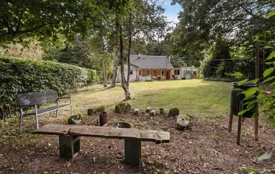 a garden with a bench and some birds in a yard at Pet Friendly Home In Farsø With House A Panoramic View in Farsø