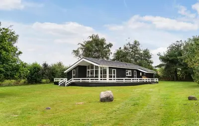 a black house in a field with a grass yard at Nice Home In Fjerritslev With Sauna in Fjerritslev