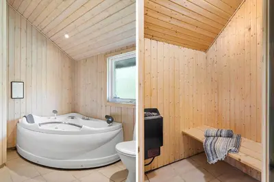 two pictures of a bathroom with a tub and a toilet at JB232-Brovst-Kronvildtvej-20 in Brovst