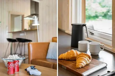 two pictures of a table with croissants and a cup of coffee at JB232-Brovst-Kronvildtvej-20 in Brovst