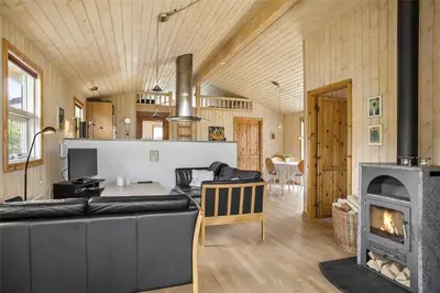 a living room with a couch and a fireplace at JB538-Fjerritslev-Tyttebaerstien-33 in Fjerritslev