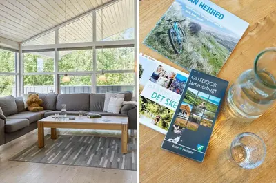 two pictures of a living room with a couch and a magazine at JB792-Fjerritslev-Egevej-34 in Fjerritslev