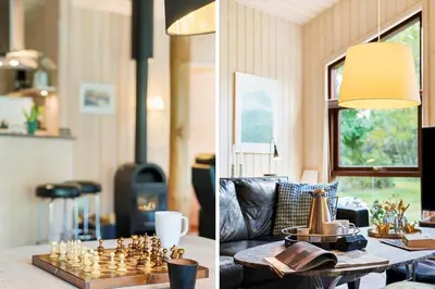 two pictures of a living room with a chessboard on a table at JB245-Fjerritslev-Tyttebaerstien-44 in Fjerritslev