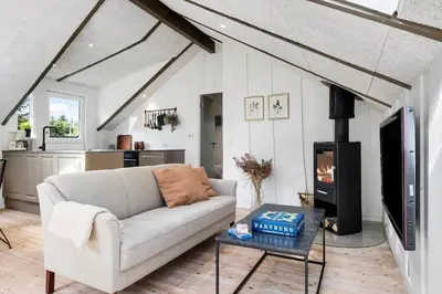 a living room with a couch and a fireplace at JB273-Fjerritslev-Hasselvej-39 in Fjerritslev