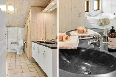 two pictures of a bathroom with a sink and a tub at JB126-Fjerritslev-Tyttebaerstien-48 in Fjerritslev