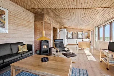 a living room with a couch and a fireplace at JB171-Brovst-Ejstrup-Strandvej-28 in Brovst