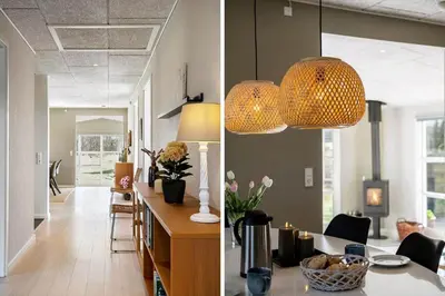 two pictures of a kitchen and a living room at JB666-Fjerritslev-Aspevej-21 in Fjerritslev