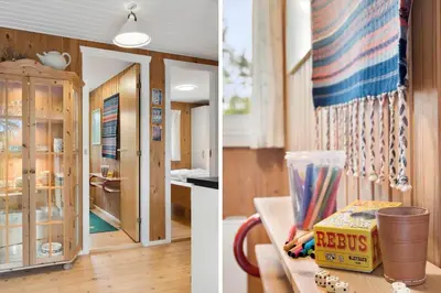 two pictures of a kitchen and a dining room at JB115-Fjerritslev-Blabaerstien-9 in Fjerritslev