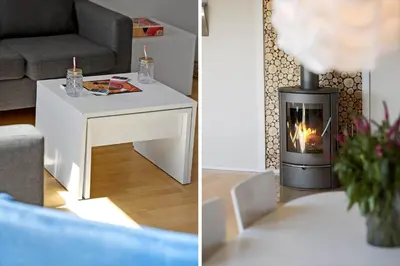 two pictures of a living room with a fireplace at JB327-Brovst-Kronvildtvej-140 in Brovst