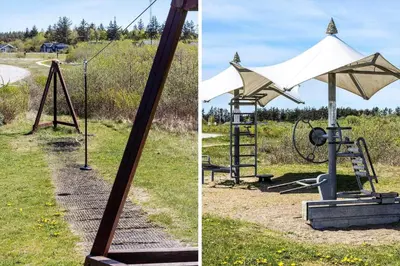 two pictures of a swing set and an umbrella at JB221-Brovst-Kronvildtvej-182 in Brovst