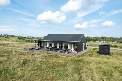 a house with a black roof in a field at JB367-Brovst-Kronvildtvej-102 in Brovst
