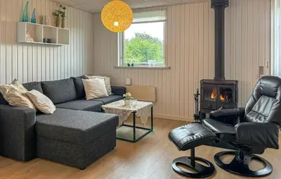 a living room with a couch and a wood stove at Awesome Home In Farsø With Sauna in Farsø