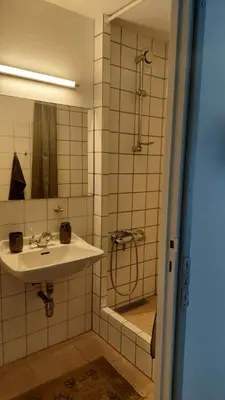 a bathroom with a sink and a shower at Antonia s quality apartment 1 in Viborg