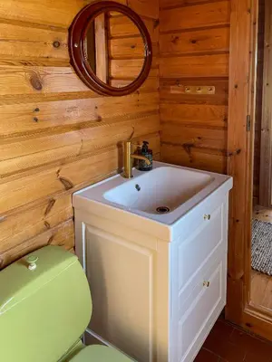 a bathroom with a toilet and a sink and a mirror at Authentic Wooden House By The North Sea in Vestervig