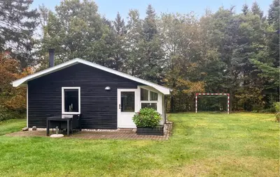 a small black house in a yard with a goal at 3 Bedroom Awesome Home In Højslev in Højslev