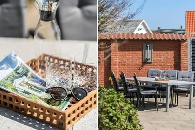 two pictures of a table with glasses and chairs at 719-Thyboron-Fanovej-3 in Thyborøn
