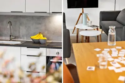 a kitchen and a dining room with a table at JB362-Brovst-Kronvildtvej-136 in Brovst