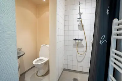 a bathroom with a toilet and a shower at City Apartments in Holstebro