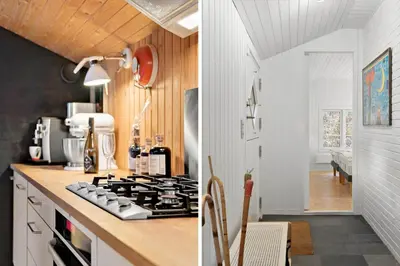 a kitchen with a stove and a counter top at JB238-Brovst-Baunehojvej-37 in Brovst