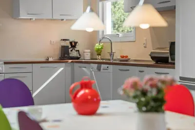 a kitchen with a table with a red vase on it at JB404-Fjerritslev-Jesper-Jensensvej-9 in Slettestrand