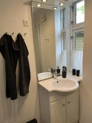 a bathroom with a sink and a mirror at Idyllic Countryside Farm with Horseback Riding in Nibe