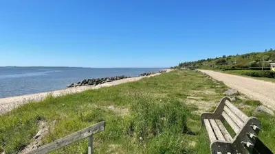 a wooden bench sitting on the side of a beach at Villavilla 429 - Hostrup Strand, Limfjorden in Spottrup