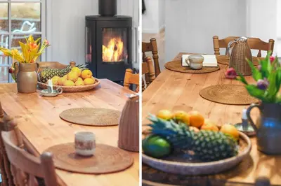 two pictures of a wooden table with fruit on it at BL1148-Blokhus-Havorns-Alle-6 in Blokhus