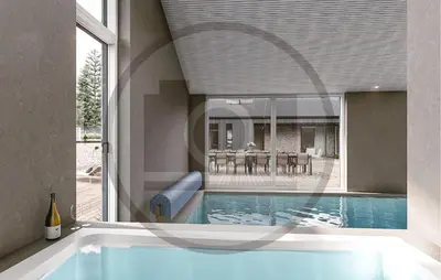 a swimming pool in a house with a large window at Awesome Home In Højslev With Sauna in Højslev
