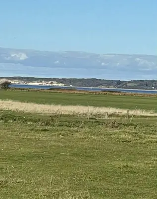 a field of grass with the ocean in the background at Stenbækgård - Farm Glamping in Højslev