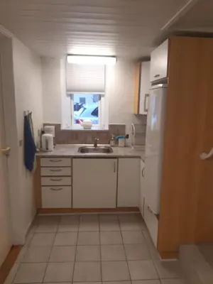 a small kitchen with a sink and a refrigerator at Stor lejlighed ved togstation in Viborg