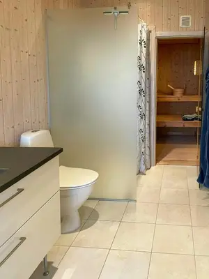 a bathroom with a toilet and a walk in shower at Summer House With Views Over Jammerbugt in Saltum