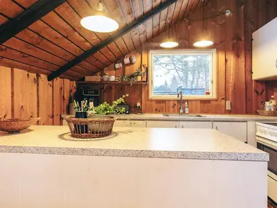 a kitchen with wooden walls and a counter top at Holiday home near fishing lake in Fjerritslev
