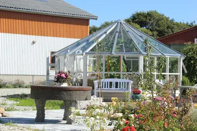 a greenhouse in a garden with a bench in front at Tvillinggaard Thy in Vang