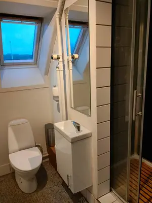 a bathroom with a toilet and a sink and a shower at Porshøjvej in Skive