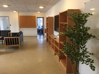 a hallway of an office with a potted plant at Danhostel Thyborøn in Thyborøn